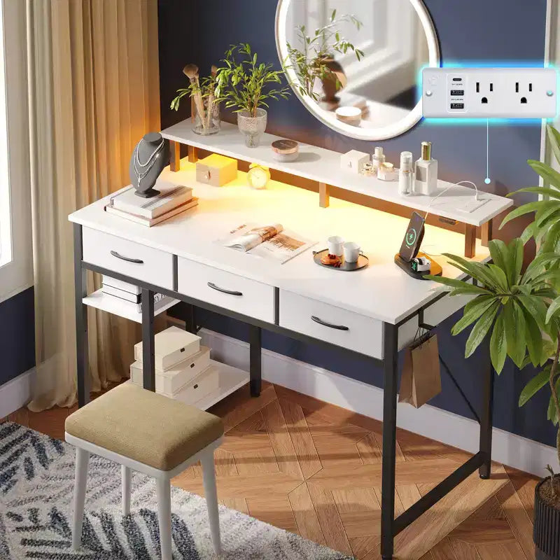 39/47/55 Inch Storage Computer Desk with Monitor Stand, LED Light & Power Outlet