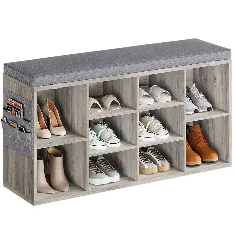 GustoWave 2-in-1 Entryway Shoe Bench with Storage & Cushioned Seat | Wooden Shoe Rack Organizer with Adjustable Shelves & Side Pockets, Gray