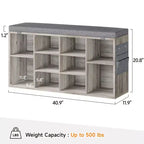 Banc à chaussures d'entrée avec rangement et assise rembourrée | Organisateur de rangement pour chaussures en bois avec étagères réglables et poches latérales, gris