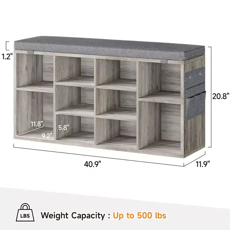 Entryway Shoe Bench with Storage & Cushioned Seat | Wooden Shoe Rack Organizer with Adjustable Shelves & Side Pockets, Gray