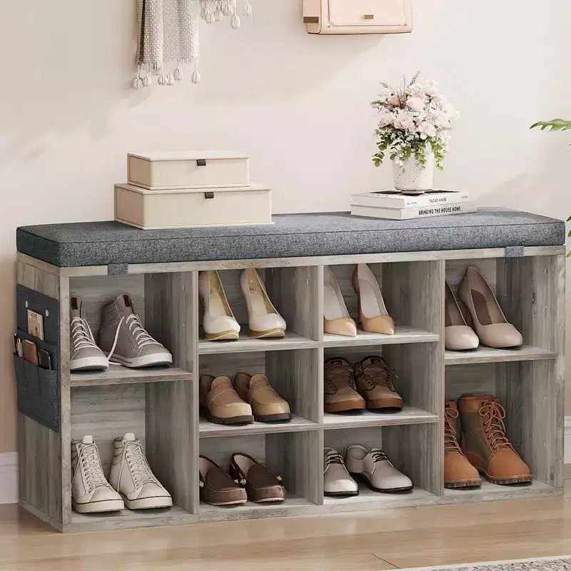 Entryway Shoe Bench with Storage & Cushioned Seat | Wooden Shoe Rack Organizer with Adjustable Shelves & Side Pockets, Gray