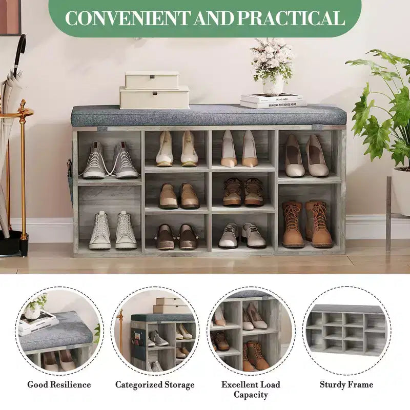 Entryway Shoe Bench with Storage & Cushioned Seat | Wooden Shoe Rack Organizer with Adjustable Shelves & Side Pockets, Gray