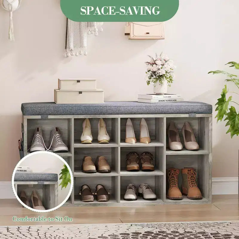 Entryway Shoe Bench with Storage & Cushioned Seat | Wooden Shoe Rack Organizer with Adjustable Shelves & Side Pockets, Gray
