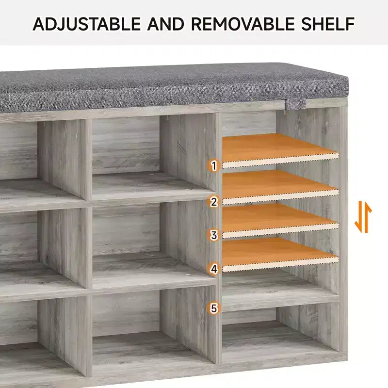 Entryway Shoe Bench with Storage & Cushioned Seat | Wooden Shoe Rack Organizer with Adjustable Shelves & Side Pockets, Gray