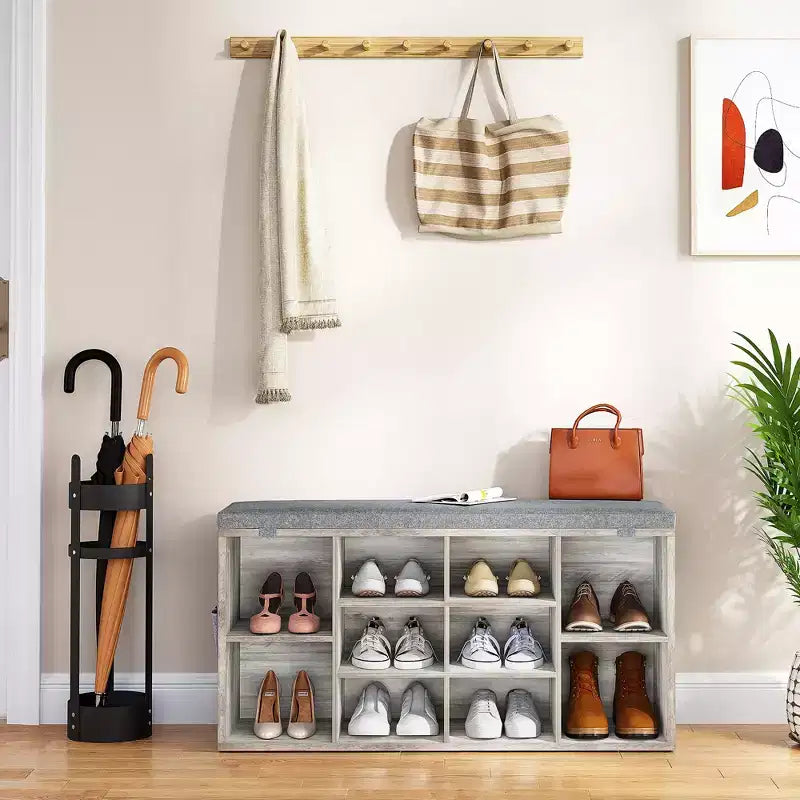 Entryway Shoe Bench with Storage & Cushioned Seat | Wooden Shoe Rack Organizer with Adjustable Shelves & Side Pockets, Gray