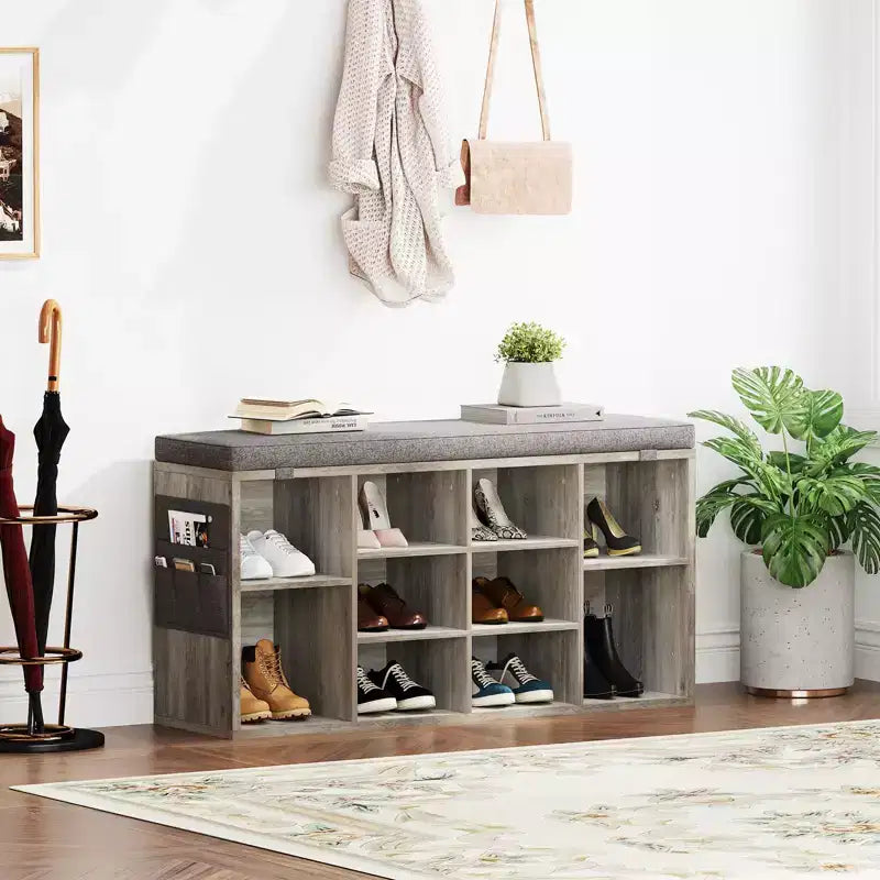Entryway Shoe Bench with Storage & Cushioned Seat | Wooden Shoe Rack Organizer with Adjustable Shelves & Side Pockets, Gray