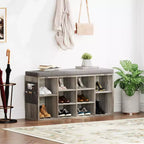 Banc à chaussures d'entrée avec rangement et assise rembourrée | Organisateur de rangement pour chaussures en bois avec étagères réglables et poches latérales, gris