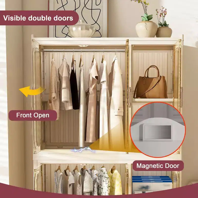 Portable Wardrobe Closet Organizer with 6 Magnetic Doors, 6 Cubes & 2 Hanging Rods, White