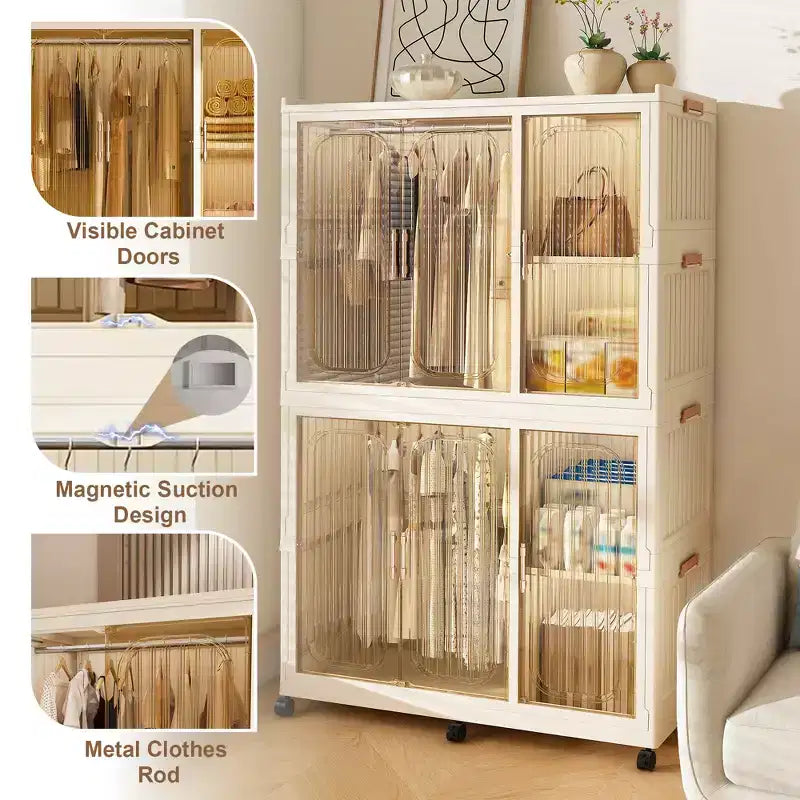 Portable Wardrobe Closet Organizer with 6 Magnetic Doors, 6 Cubes & 2 Hanging Rods, White