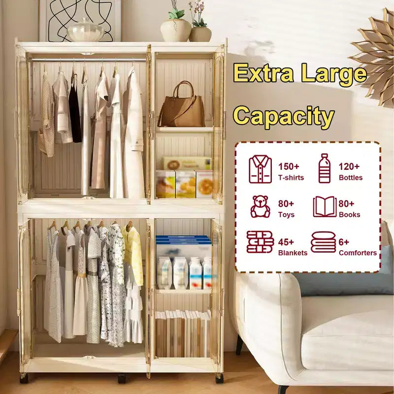 Portable Wardrobe Closet Organizer with 6 Magnetic Doors, 6 Cubes & 2 Hanging Rods, White