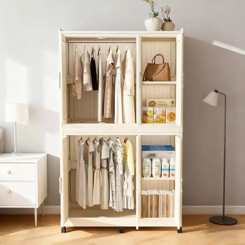 Portable Wardrobe Closet Organizer with 6 Magnetic Doors, 6 Cubes & 2 Hanging Rods, White