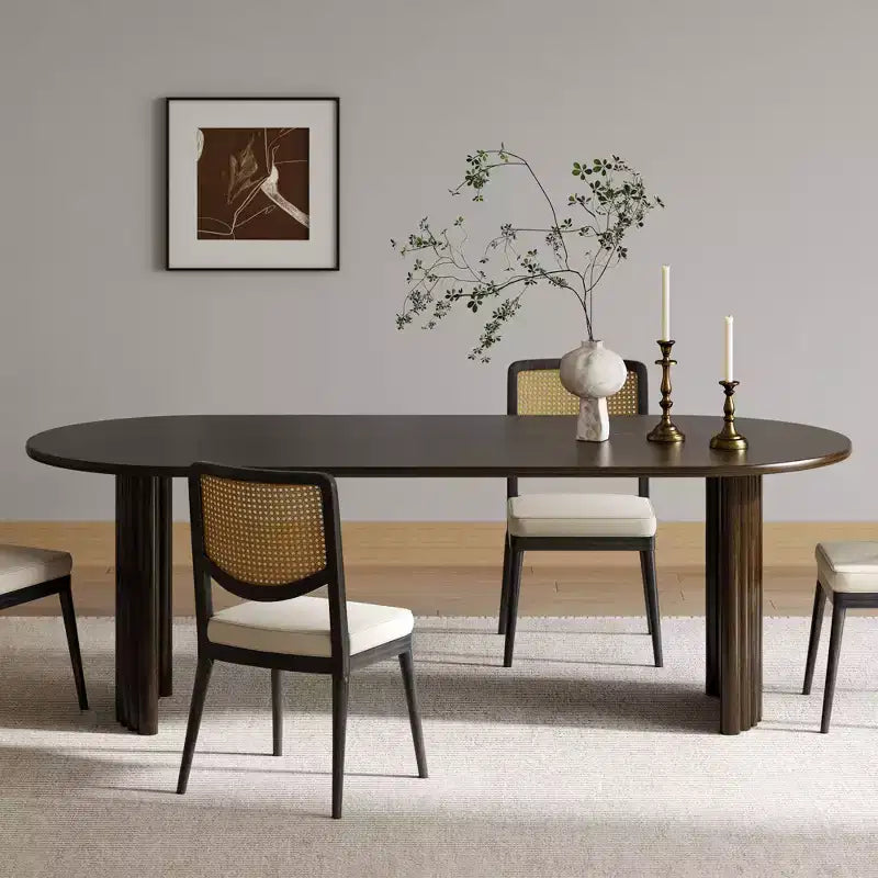 PexFix 79 Oval Dining Table for 6-8 with Arc-Shaped Edge Top and Stripes Base Modern Farmhouse Kitchen Table for Living Room Dining Room Walnut