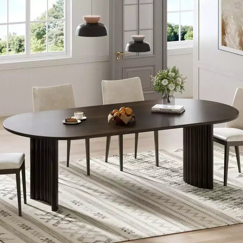 79" Oval Dining Table for 6-8 with Arc-Shaped Edge Top and Striped Base, Modern Farmhouse Kitchen Table for Dining Room