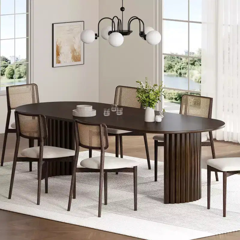 79" Oval Dining Table for 6-8 with Arc-Shaped Edge Top and Striped Base, Modern Farmhouse Kitchen Table for Dining Room