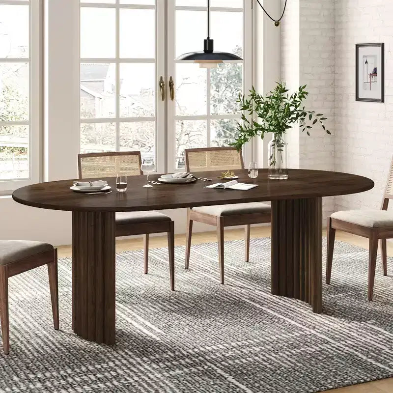 79" Oval Dining Table for 6-8 with Arc-Shaped Edge Top and Striped Base, Modern Farmhouse Kitchen Table for Dining Room