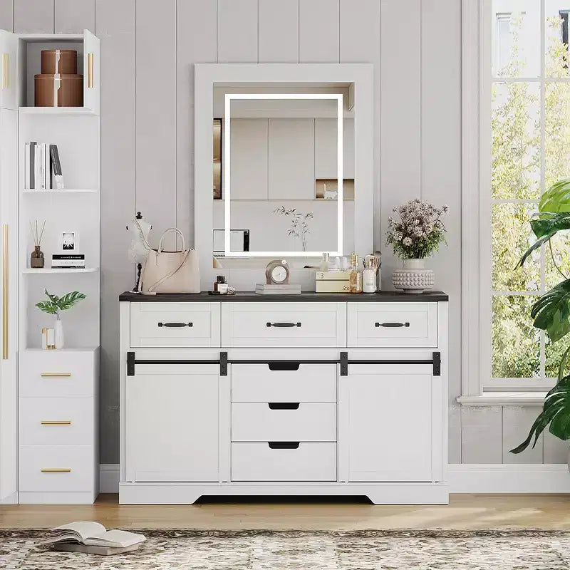 6-Drawer Dresser with LED Light Mirror Vanity | Rustic Modern Style