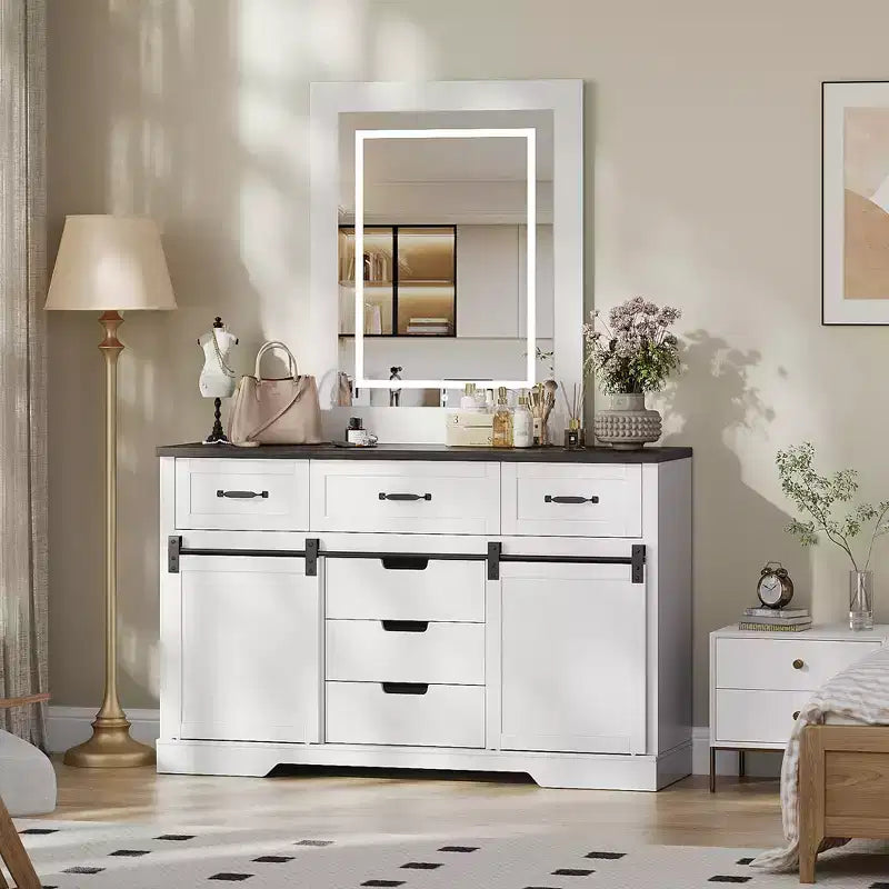 6-Drawer Dresser with LED Light Mirror Vanity | Rustic Modern Style