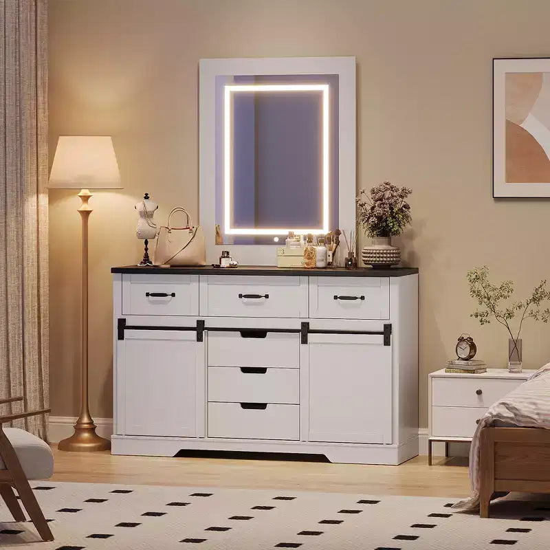 6-Drawer Dresser with LED Light Mirror Vanity | Rustic Modern Style