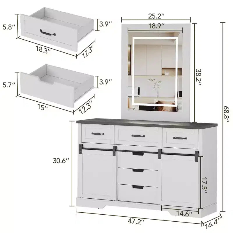 6-Drawer Dresser with LED Light Mirror Vanity | Rustic Modern Style
