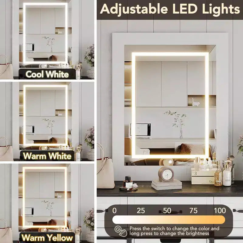 6-Drawer Dresser with LED Light Mirror Vanity | Rustic Modern Style