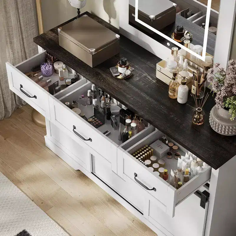 6-Drawer Dresser with LED Light Mirror Vanity | Rustic Modern Style