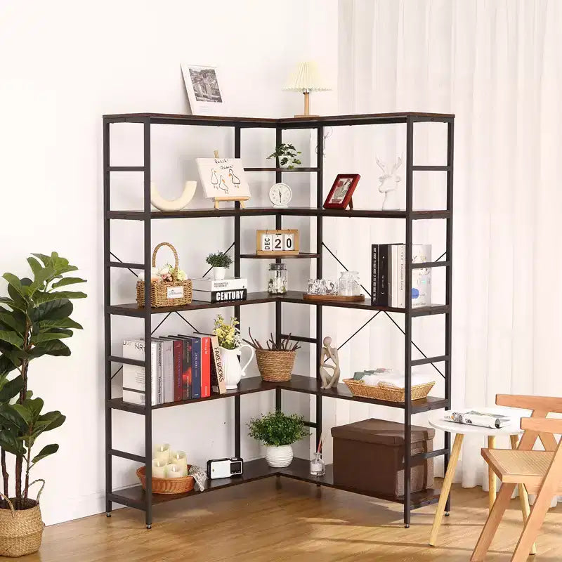 5-Tier L-Shaped Bookcase with Curved Panels for Living Room & Office