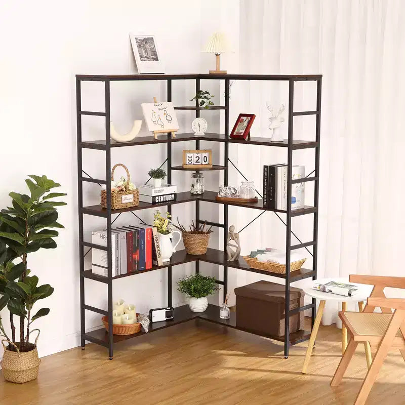 5-Tier L-Shaped Bookcase with Curved Panels for Living Room & Office