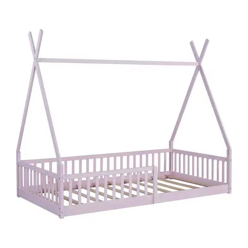 Twin Size Kids House Bed Frame with Slats and Fence Rails, Wood Floor Bed for Boys and Girls