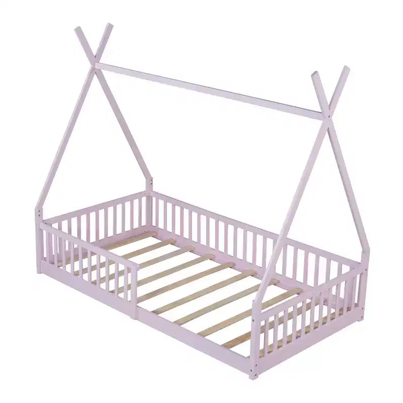 Twin Size Kids House Bed Frame with Slats and Fence Rails, Wood Floor Bed for Boys and Girls