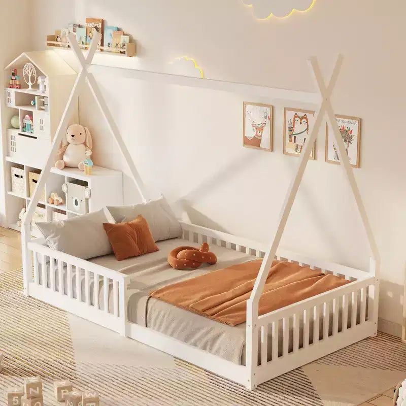 Twin Size Kids House Bed Frame with Slats and Fence Rails, Wood Floor Bed for Boys and Girls