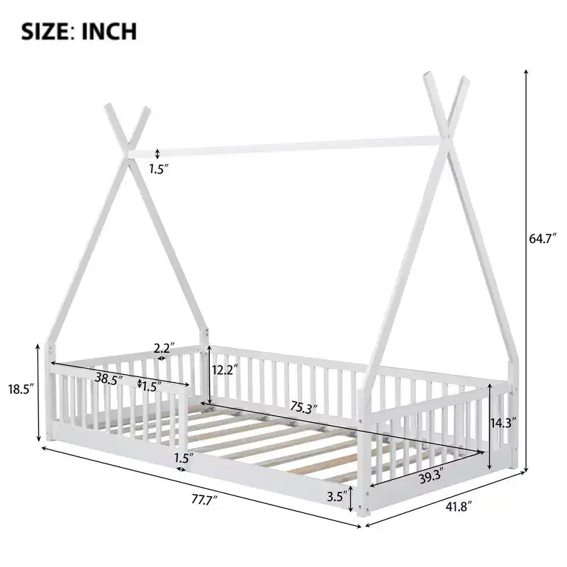 Twin Size Kids House Bed Frame with Slats and Fence Rails, Wood Floor Bed for Boys and Girls