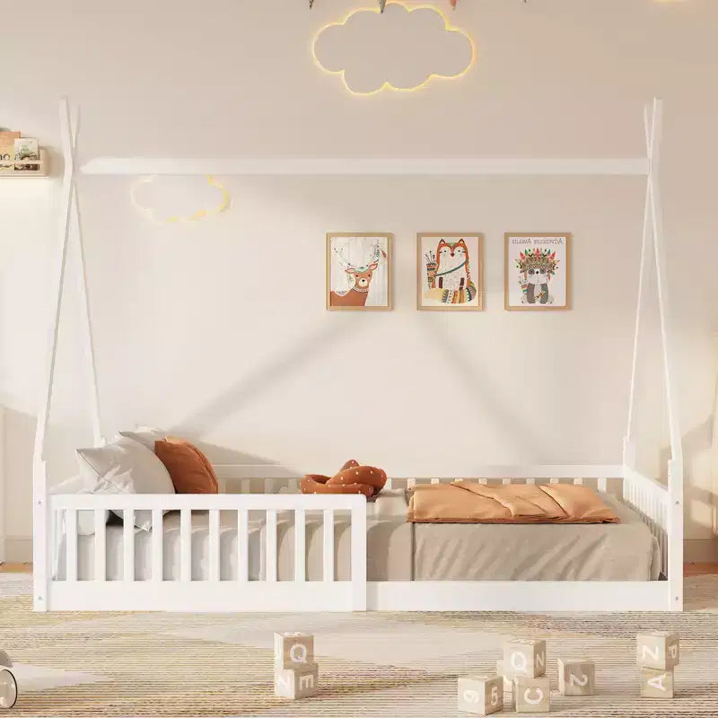 Twin Size Kids House Bed Frame with Slats and Fence Rails, Wood Floor Bed for Boys and Girls