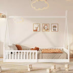 Lit cabane pour enfants, taille simple, avec sommier à lattes et barrières de protection, lit au sol en bois pour garçons et filles