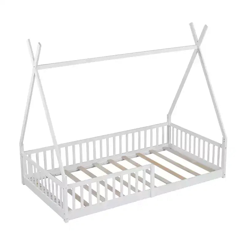 Twin Size Kids House Bed Frame with Slats and Fence Rails, Wood Floor Bed for Boys and Girls