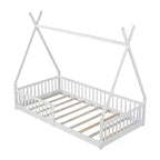 Lit cabane pour enfants, taille simple, avec sommier à lattes et barrières de protection, lit au sol en bois pour garçons et filles