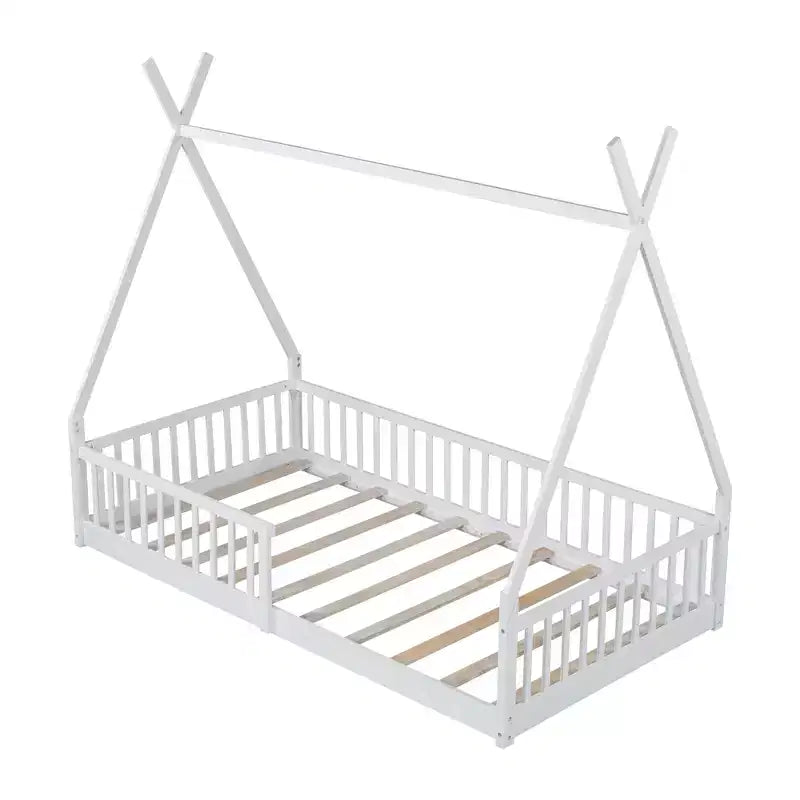 Twin Size Kids House Bed Frame with Slats and Fence Rails, Wood Floor Bed for Boys and Girls