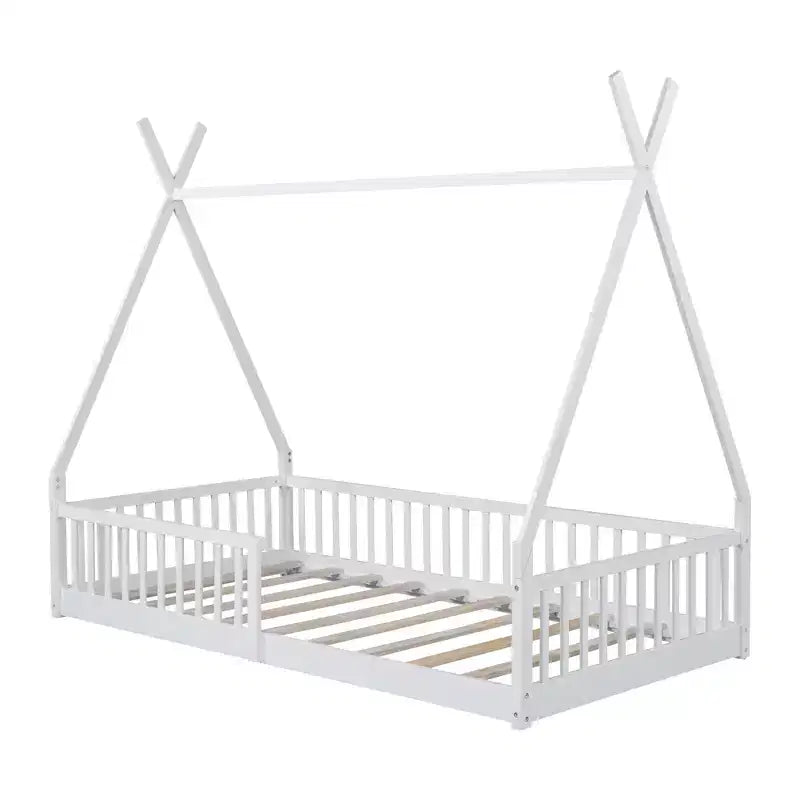 Twin Size Kids House Bed Frame with Slats and Fence Rails, Wood Floor Bed for Boys and Girls