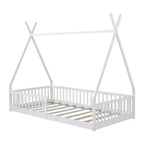 Lit cabane pour enfants, taille simple, avec sommier à lattes et barrières de protection, lit au sol en bois pour garçons et filles