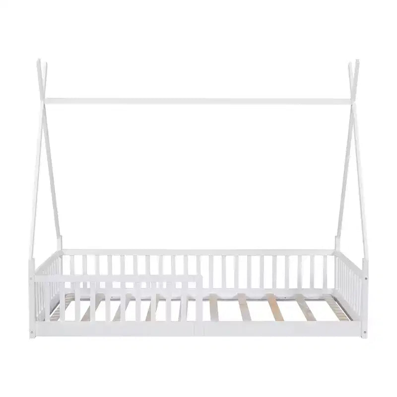 Twin Size Kids House Bed Frame with Slats and Fence Rails, Wood Floor Bed for Boys and Girls