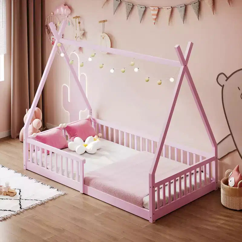 Twin Size Kids House Bed Frame with Slats and Fence Rails, Wood Floor Bed for Boys and Girls