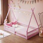 Lit cabane pour enfants, taille simple, avec sommier à lattes et barrières de protection, lit au sol en bois pour garçons et filles