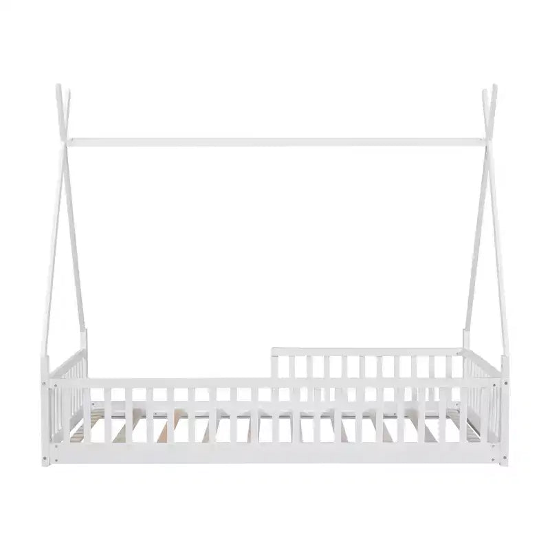 Twin Size Kids House Bed Frame with Slats and Fence Rails, Wood Floor Bed for Boys and Girls