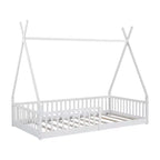 Lit cabane pour enfants, taille simple, avec sommier à lattes et barrières de protection, lit au sol en bois pour garçons et filles