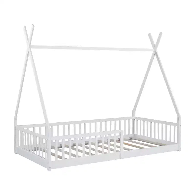 Twin Size Kids House Bed Frame with Slats and Fence Rails, Wood Floor Bed for Boys and Girls
