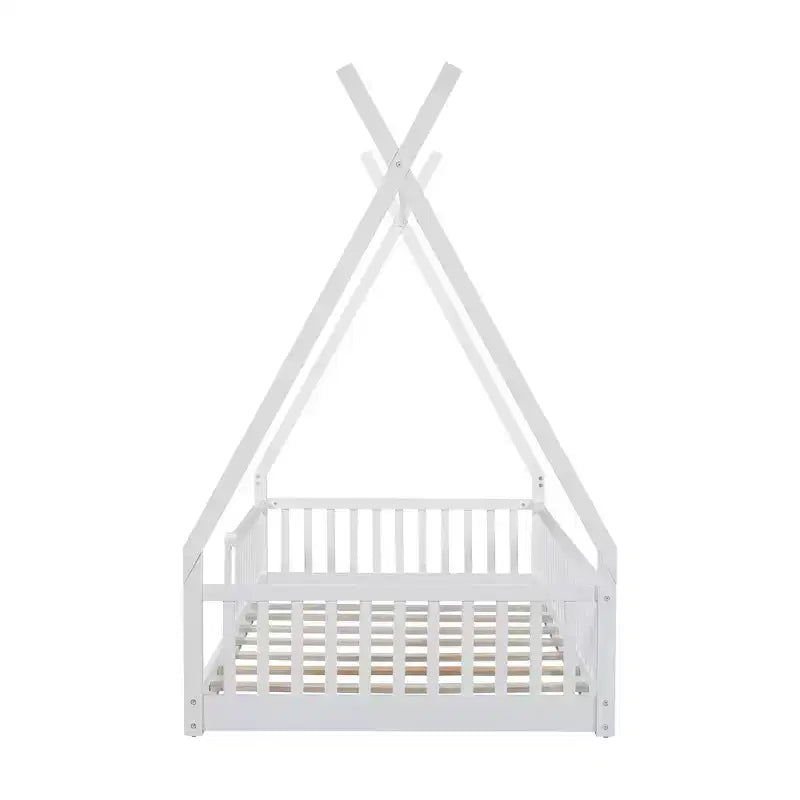 Twin Size Kids House Bed Frame with Slats and Fence Rails, Wood Floor Bed for Boys and Girls