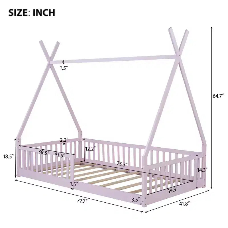 Twin Size Kids House Bed Frame with Slats and Fence Rails, Wood Floor Bed for Boys and Girls