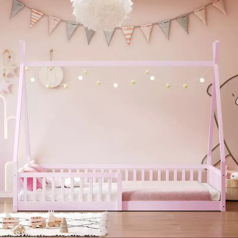Twin Size Kids House Bed Frame with Slats and Fence Rails, Wood Floor Bed for Boys and Girls