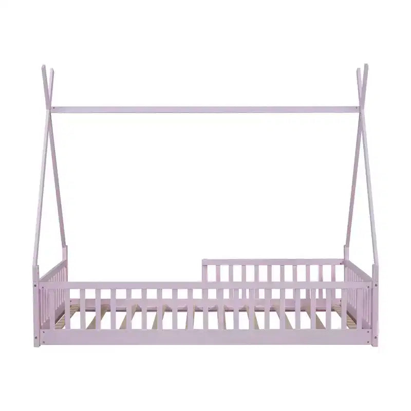 Twin Size Kids House Bed Frame with Slats and Fence Rails, Wood Floor Bed for Boys and Girls