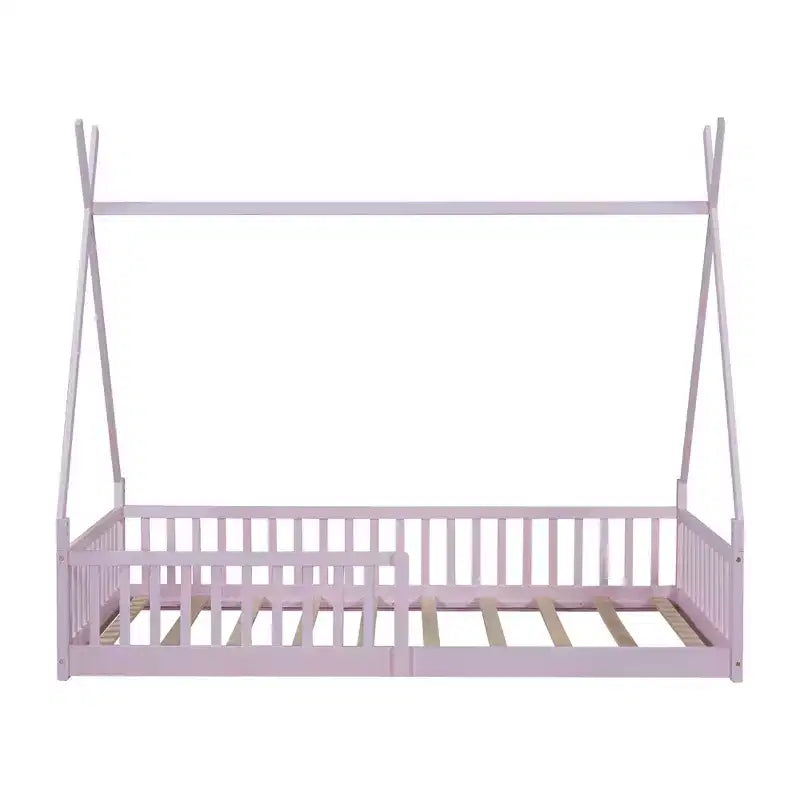 Twin Size Kids House Bed Frame with Slats and Fence Rails, Wood Floor Bed for Boys and Girls