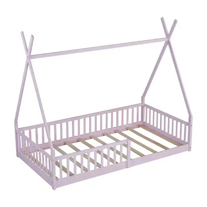 Twin Size Kids House Bed Frame with Slats and Fence Rails, Wood Floor Bed for Boys and Girls